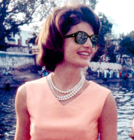 Another Industry First! Bruno Rossellini designed luxury acetate designer sunglasses handcrafted in Greece with a patented, authenticated piece of rare personal property owned and worn by Jackie Kennedy!  Limited Edition: Only 280 Pairs Worldwide.